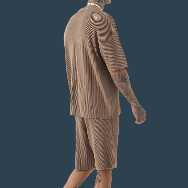Men's Set – Relaxed Fit – Short-Sleeved Top and Matching Shorts – Soft Ribbed Texture