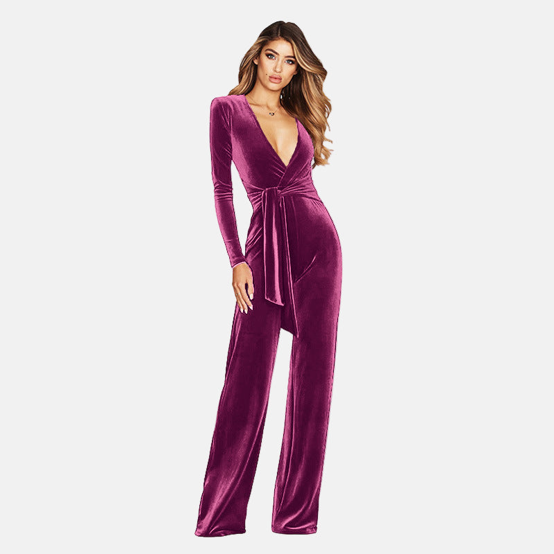 Women's Jumpsuit - Velvet Wrap V-Neck - Long Sleeve Wide Leg