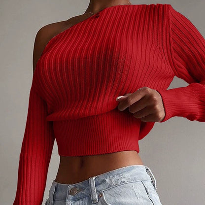 Women's Knit Sweater - Asymmetric One-Shoulder - Ribbed - Tight-Fitting Cropped Design