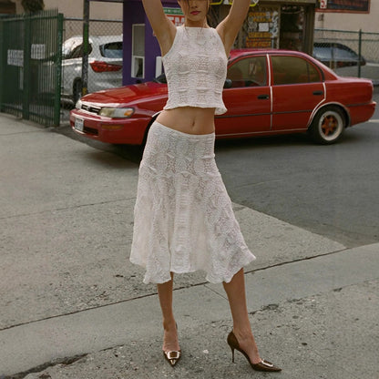 Women's Two-Piece Set – Sleeveless Crop Top – A-line Midi Skirt – Textured Lightweight