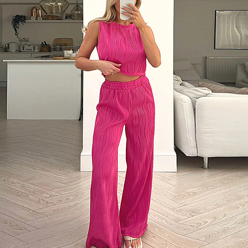 Women's Set – Soft Textured Fabric – Sleeveless Crop Top & Straight Pants