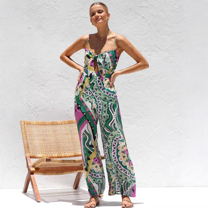 Women's Jumpsuit – Wide Legs – Spaghetti Straps – Front Bow Cutout – Breathable Comfort
