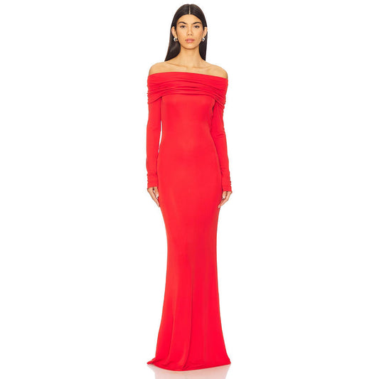 Women's Evening Dress – Slim Fit – Off-Shoulder – Long Sleeve – Floor-Length Satin