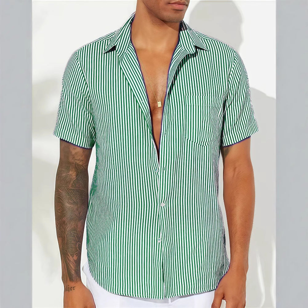 Men's Shirt – Relaxed Fit – Short Sleeves – Vertical Stripes – Chest Pocket