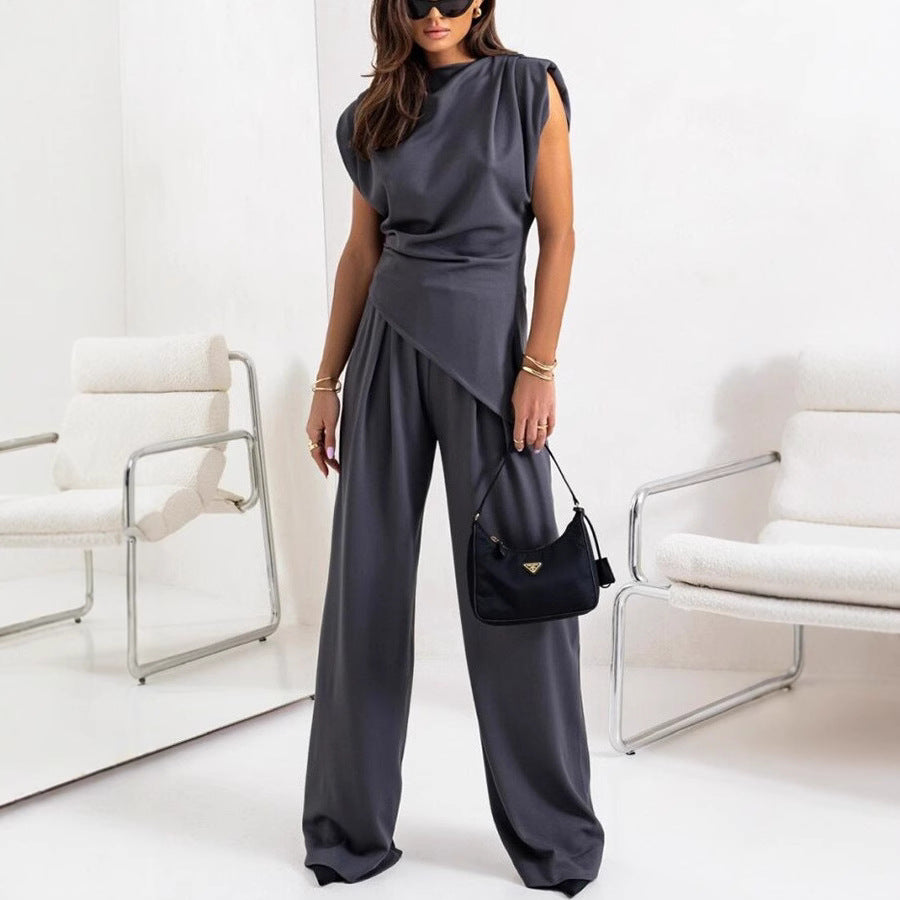 Women's Set – Relaxed Fit – Draped Top – High-Waisted Wide Pants – Luxury Fabric