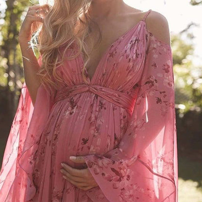 Women's Maxi Dress – Elegant Fit – Empire Waist – Luxury Material – V-Neck – Butterfly Sleeves