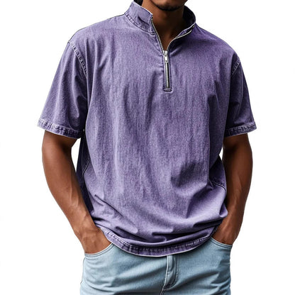 Men's shirt with short sleeves – slim fit – stand collar – zipper – breathable blend