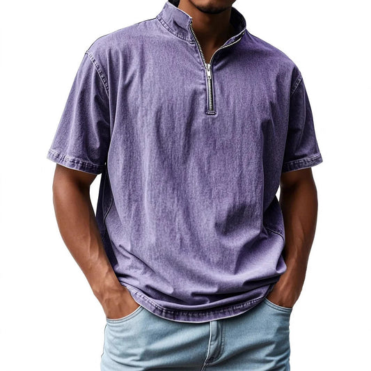 Men's shirt with short sleeves – slim fit – stand collar – zipper – breathable blend