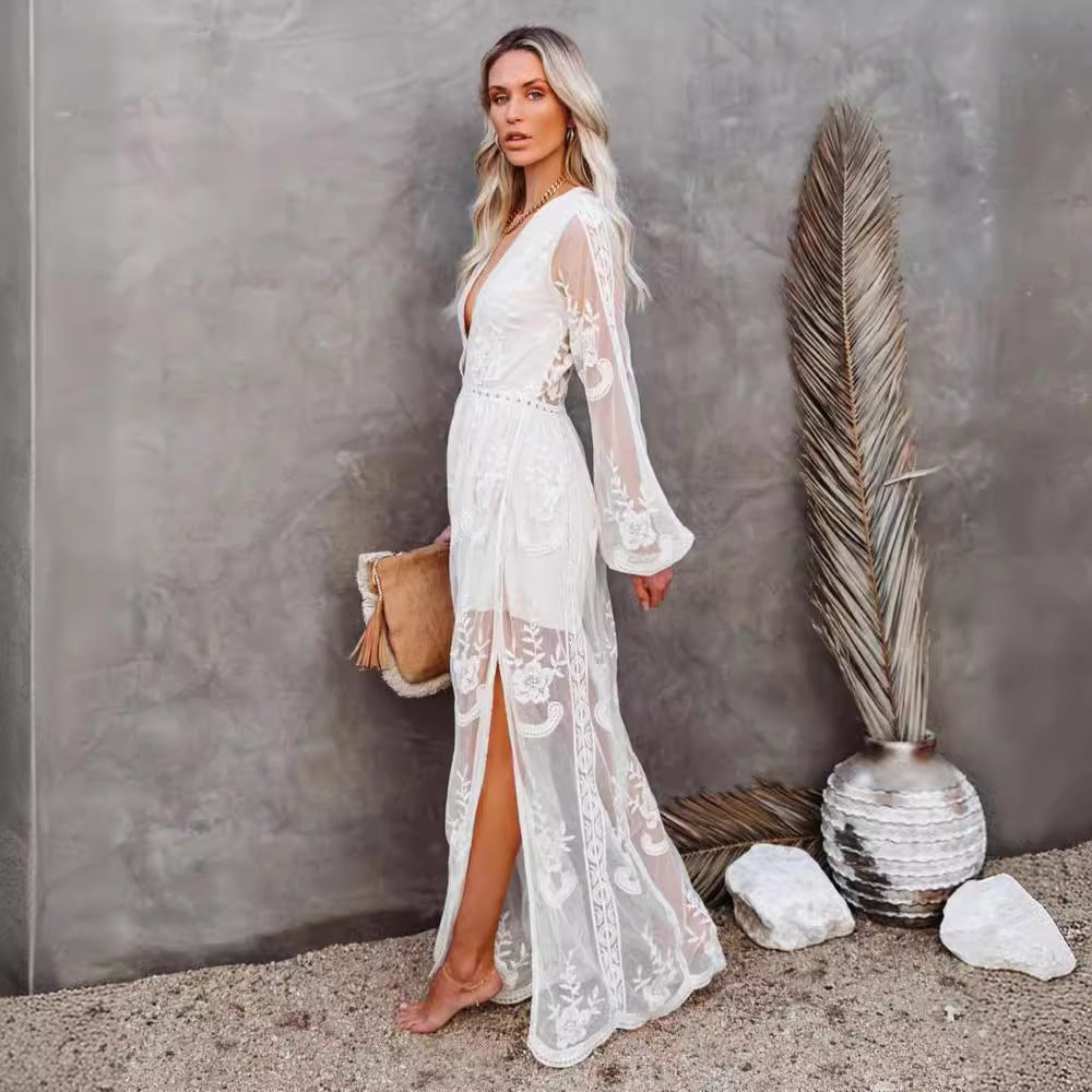 Dress for Women – Long Elegant Fit – V-Neck – Lace – Cut Sleeves – Slit