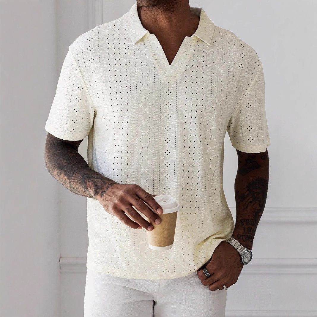 Men's T-shirt – Relaxed Fit – V-neck – Soft Knit – Breathable Lace Expression