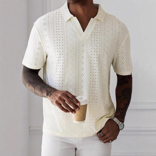 Men's T-shirt – Relaxed Fit – V-neck – Soft Knit – Breathable Lace Expression