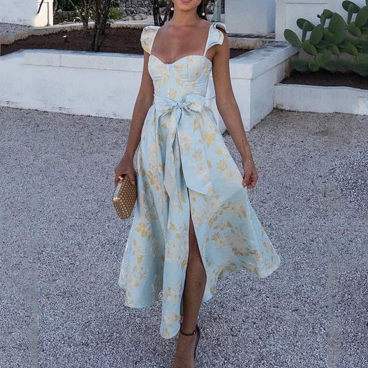 Women's Maxi Dress – Light Cotton – Floral Print – Slit – Tie Straps – A-line Shape