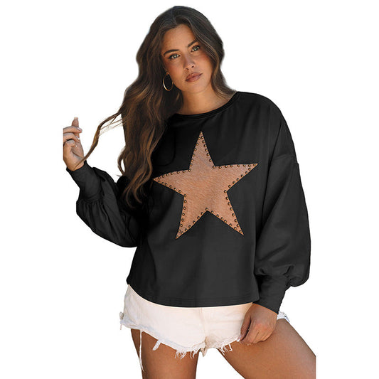 Women's Sweatshirt – Relaxed Fit – Balloon Sleeves – Star Motif with Studs