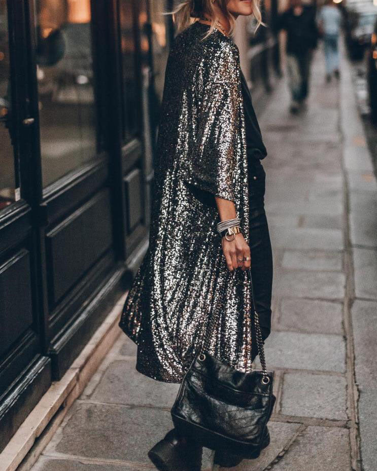 Isla Sequin Embellished Relaxed Fit Cardigan | Open Front Three-Quarter Sleeve Cardigan