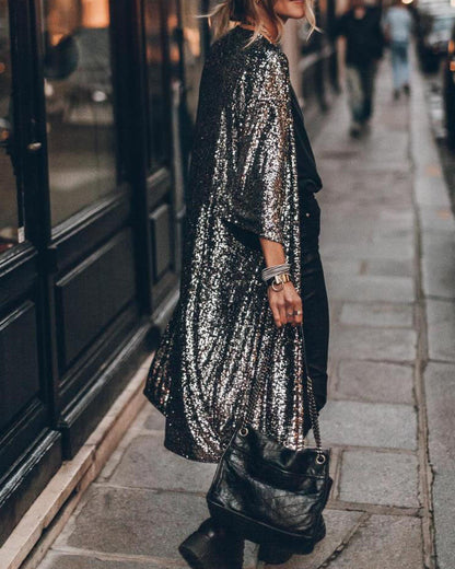 Isla Sequin Embellished Relaxed Fit Cardigan | Open Front Three-Quarter Sleeve Cardigan