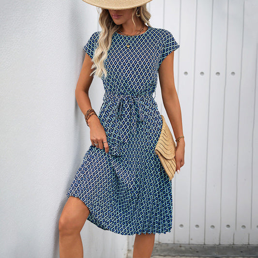 Dress for Women – Midi Length – Relaxed Fit – Tie Belt – Short Sleeve – Graphic Pattern – Breathable Lightweight Texture