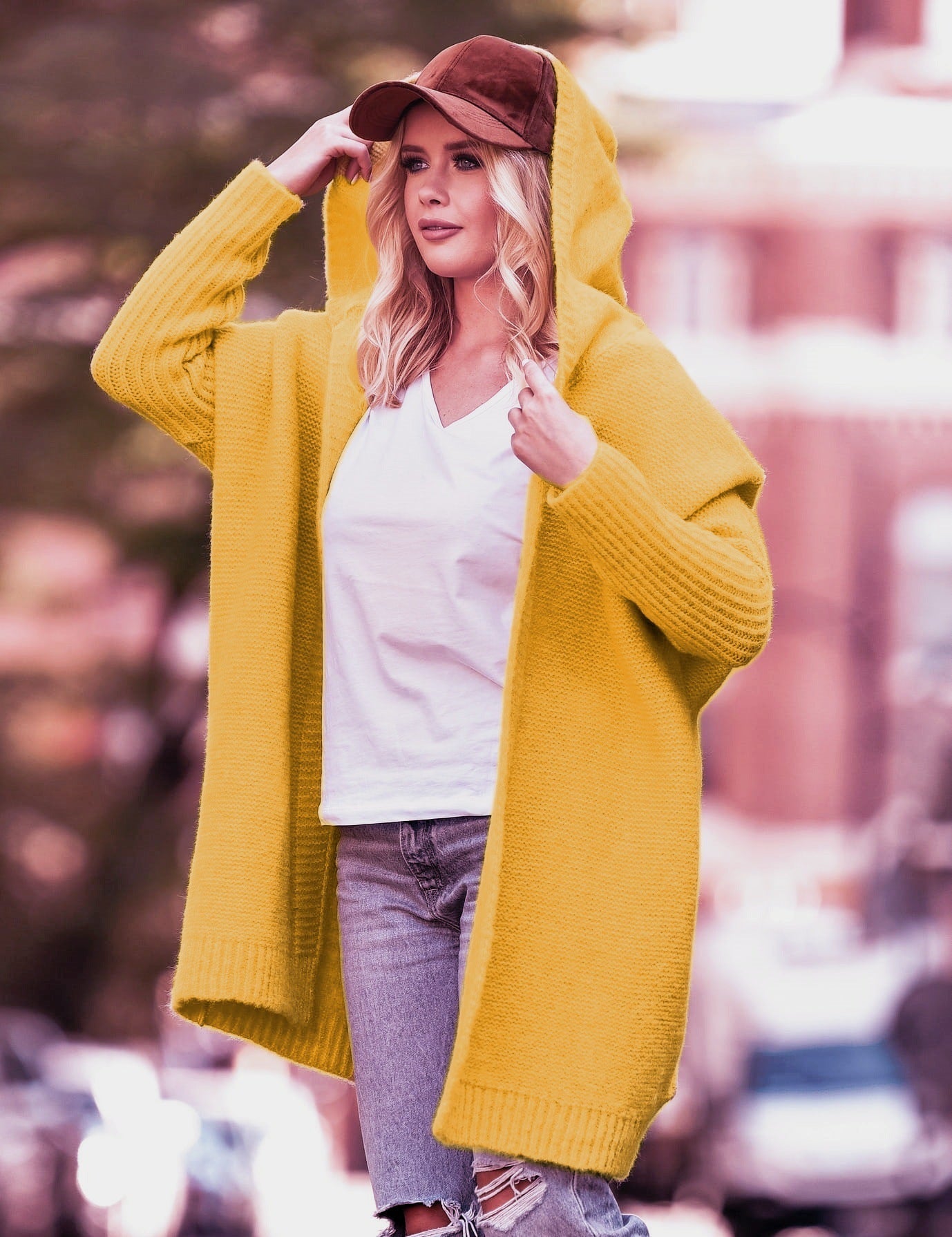 Women's Cardigan – Oversized Fit – Hood – Wide Sleeves – Open Front – Knitted