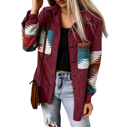 Women's Cardigan Jacket – Corduroy – Relaxed Fit – Aztec Pattern – Button Closure
