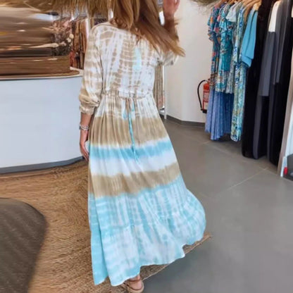 Women's Caftan Dress – Relaxed Fit – Viscose-Like Fabric – Tie-Dye – V-Neck – Midi Length