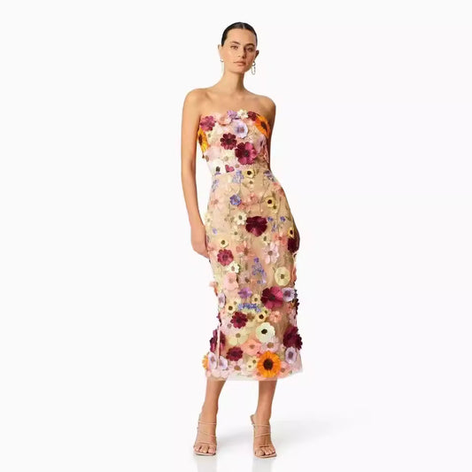 Dress for Women – Strapless Slim Fit – Tulle with 3D Flowers – Midi Length