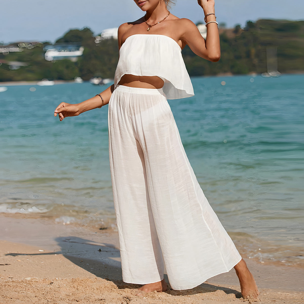 Women's Two-piece Set – Strapless Top – Wide Pants – Breathable Lightweight Fabric