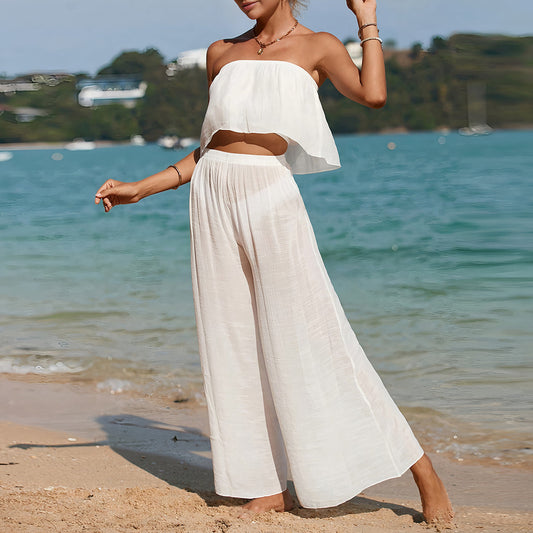 Women's Two-piece Set – Strapless Top – Wide Pants – Breathable Lightweight Fabric