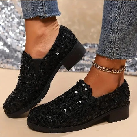 Women's Loafers – Slip-On Design – Sequin Details – Round Toe – Casual Style