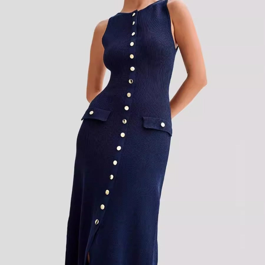 Women's Knit Dress – Slim Fit – Sleeveless – Button Closure – Round Neck – Midi Length