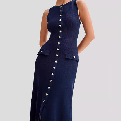 Women's Knit Dress – Slim Fit – Sleeveless – Button Closure – Round Neck – Midi Length