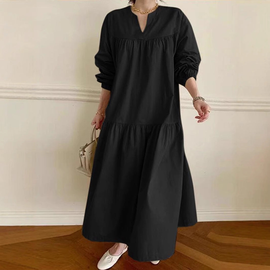 Women's Long Dress – Oversized Fit – V-Neck – Puff Sleeves – Layered Skirt – Breathable Blend
