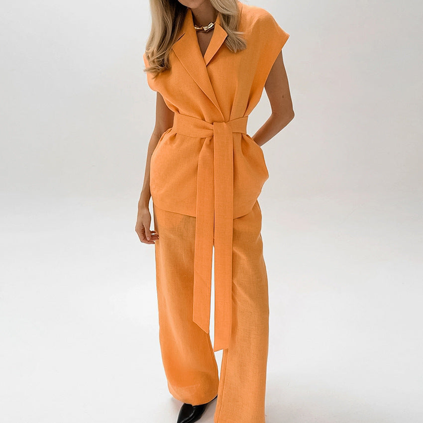 Women's Set – Sleeveless Top and Wide Pants – Belt at the Waist – Breathable Natural Material