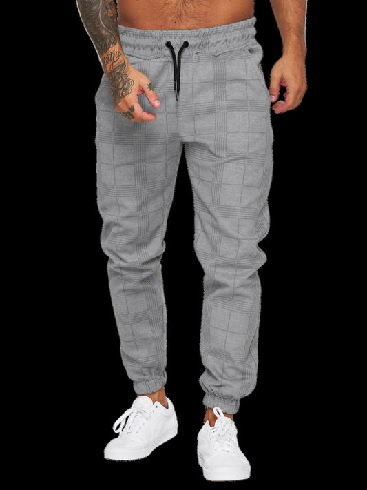 Men's Jogger Pants - Elastic Waistband - Adjustable Drawstring - Plaid Pattern
