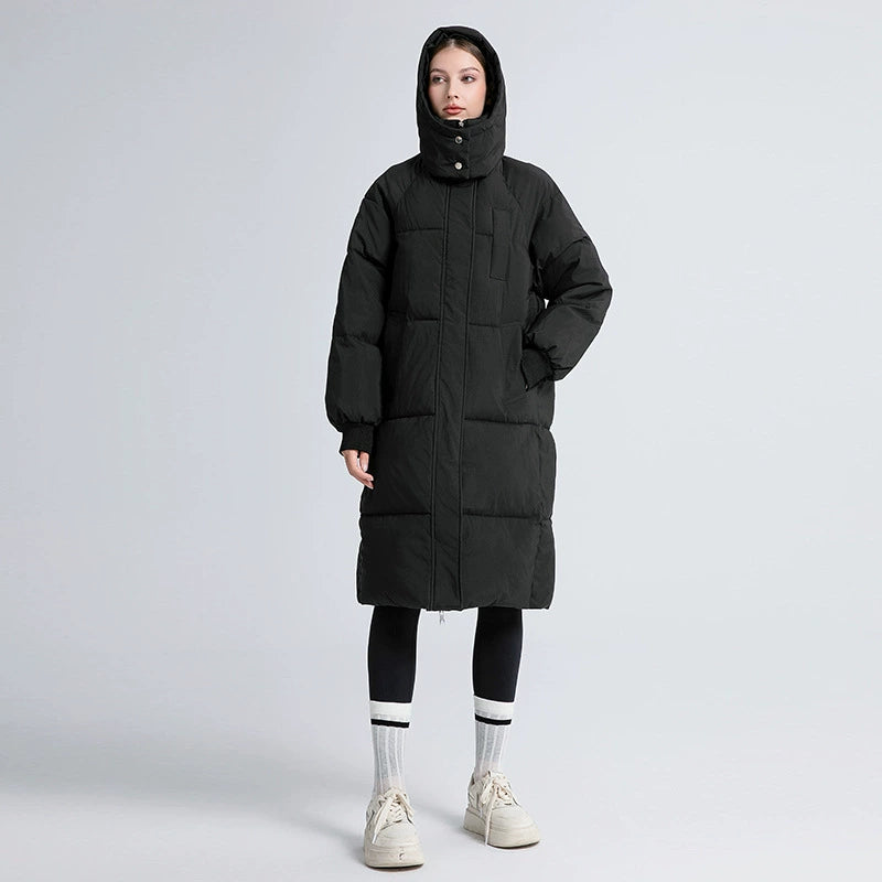 Women’s Puffer Coat - Quilted Insulated - Longline Oversized - High Collar Hood