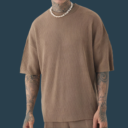 Men's Set – Relaxed Fit – Short-Sleeved Top and Matching Shorts – Soft Ribbed Texture