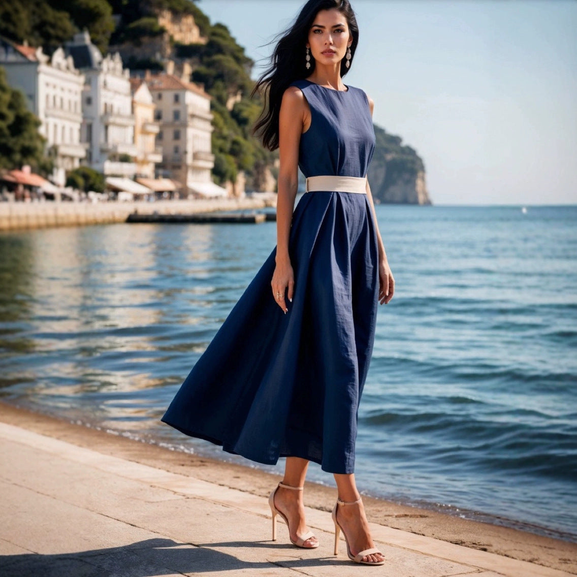 Dress for Women – Sleeveless Fit and Flare – Waistband – Natural Fibers – Midi Length