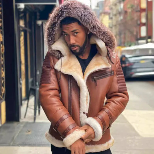 Men’s Coat - Shearling - Quilted Moto Panels - Fur-Lined Hood - Adjustable Buckle Straps
