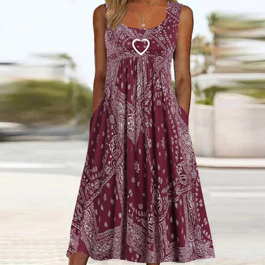 Women's Maxi Dress – Sleeveless A-Line – Bandana Print – Light and Breathable – With Pockets