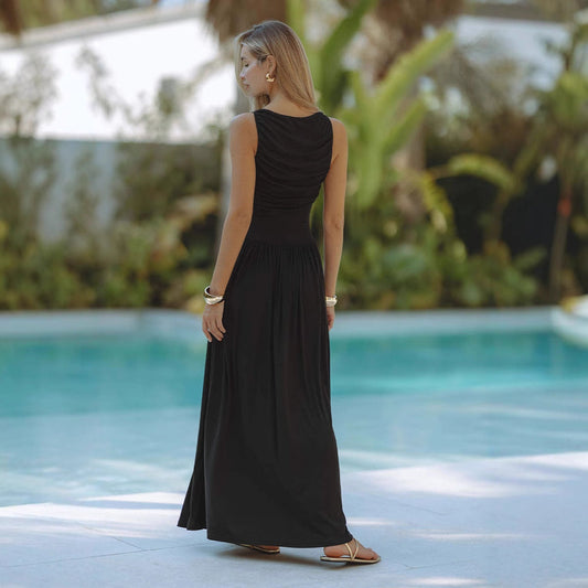 Women's Maxi Dress – Sleeveless – Slim Fit – Ruched Waist – Light and Breathable