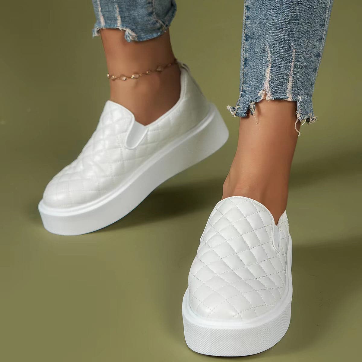 Dame Slip-on Sneakers - Quiltet Design - Komfortabel Platformsål - Elastiske Paneler