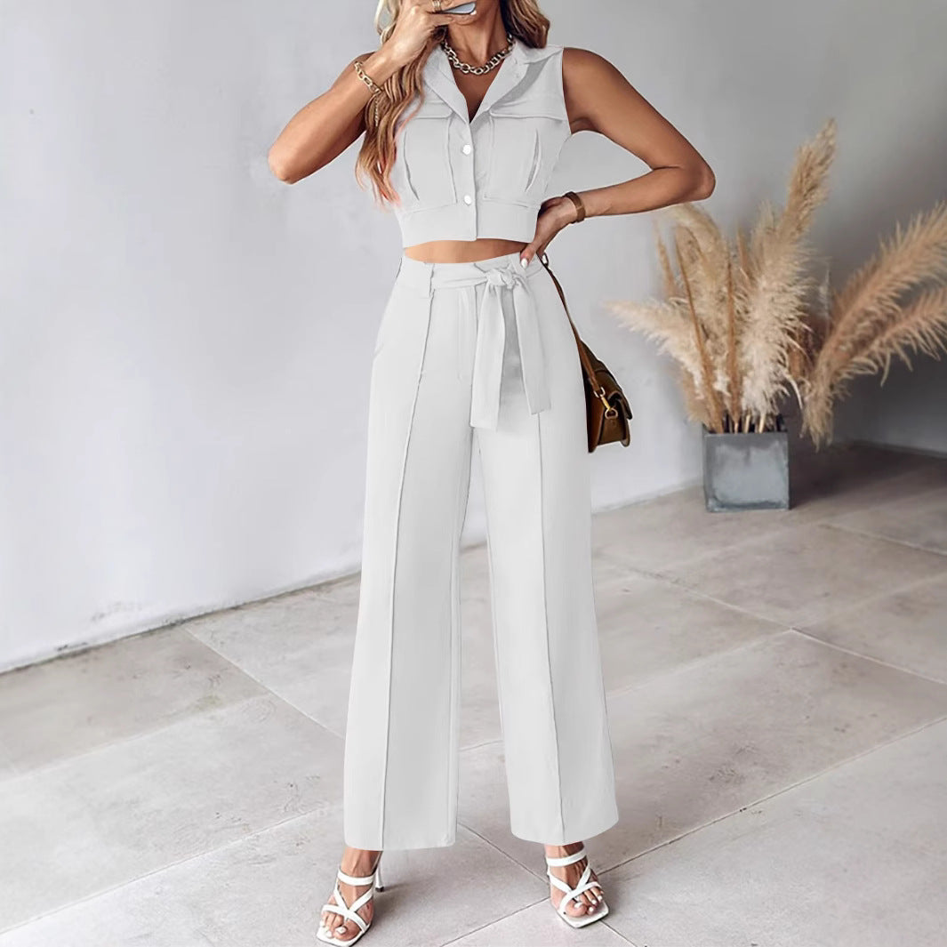 Women's Jumpsuit – Sleeveless Crop Top – High Waist Belted Pants – Soft Woven Design