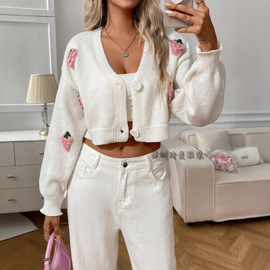 Women's Cardigan Sweater – Wool Blend – Short Fit – V-Neck – Large Buttons – Embroidery