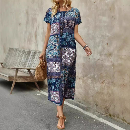 Dress for Women – Relaxed Fit – Midi Length – Short-Sleeved – Patchwork with Paisley