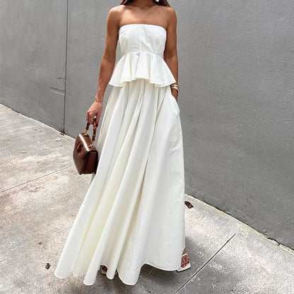 Dress for Women – Strapless Maxi – Peplum Waist – A-line Silhouette – With Pockets