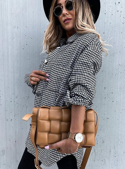 Women's Jacket – Oversized Fit – Wool Look – Checkered Pattern – Mid-Length with Button Closure