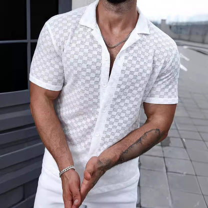 Men's Shirt in Knit – Relaxed Fit – Button Closure – Lace and Mesh Structure – Short Sleeves