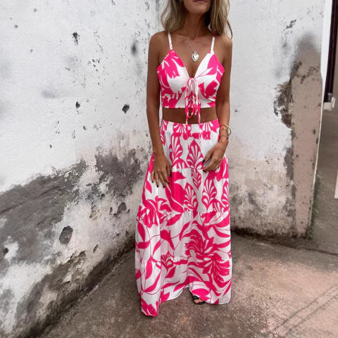 Women's Set – Tie-Front Crop Top – Flowy Maxi Skirt – Breathable Lightweight Fabric