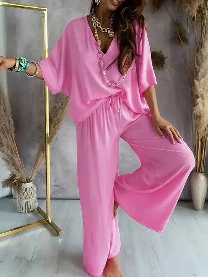 Women's Set – V-Neck Top and Wide Pants – Relaxed Fit – Breathable Fabric