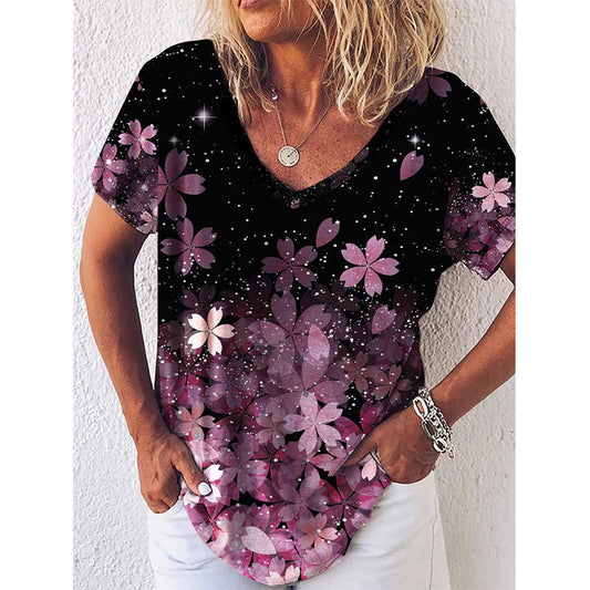 Women's V-Neck T-Shirt – Floral Print – Regular Fit – Soft and Breathable – Short Sleeves