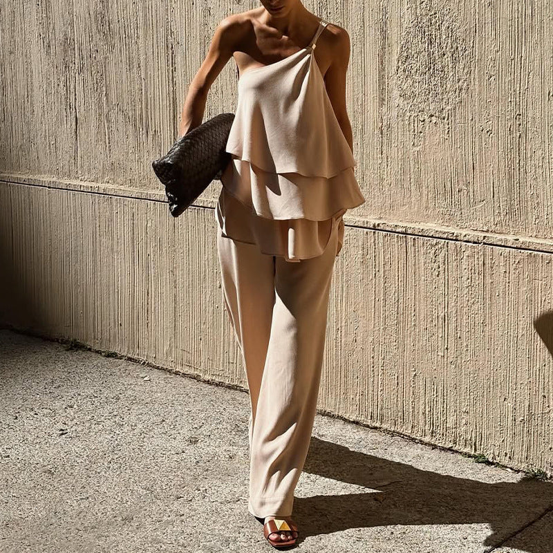 Women's Two-Piece Set – Asymmetric Ruffle Top – Soft Breathable Quality – Wide Pants