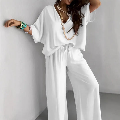 Women's Set – V-Neck Top and Wide Pants – Relaxed Fit – Breathable Fabric